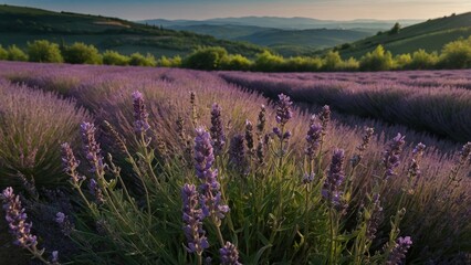 Obraz premium Blooming lavender fields in the hills during spring sunset