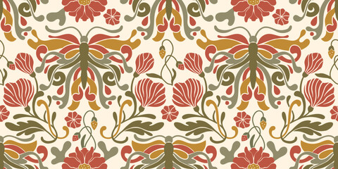 Art Nouveau Butterfly Vintage Pattern Seamless Vector Background Baroque Floral Antique Motif Boho Bohemian Ethnic Ornament