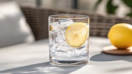 Chilled glass of ice water with lemon slice on sunny patio