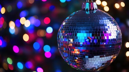 Obraz premium Close-up of disco ball ornament with colorful bokeh lights, festive atmosphere