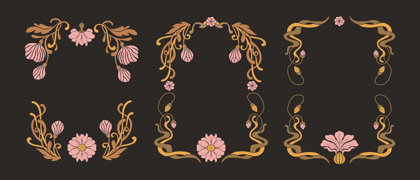 Art Nouveau Frame Ornament Set Vintage Floral Flower Antique Motif Boho Bohemian Ethnic Collection