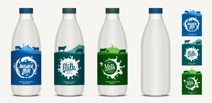 Vector milk labels with farm, cows and calves. Milk plastic bottles with labels