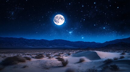 A Serene Desert Night Revealed by a Shimmering Full Moon