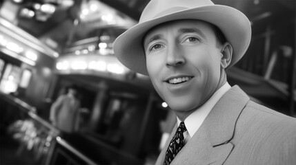 Black and white portrait of D.W. Griffith in a classic light suit and fedora, smiling inside a glamorous 1920s movie theater, evoking Hollywood’s golden era.
