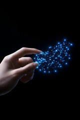 Hand interacting with a glowing digital network