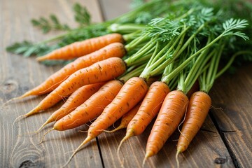 A vibrant bunch of freshly harvested carrots, still adorned with their lush green tops, rests on a rustic wooden surface, showcasing their rich orange hue and natural beauty.