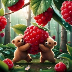 fluffy bear cubs struggling with large glowing raspberry in fairytale forest for use in storytelling visual content animated scenes or creative designs