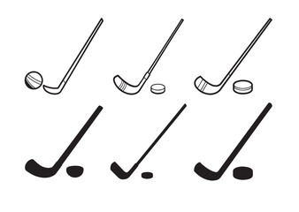 Hockey stick and puck silhouette vector Design Set