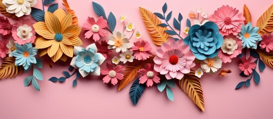 Multicolored paper cut flowers with green leaves, copy space on pink background. Generate AI image