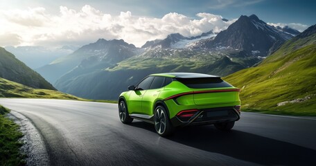 Fototapeta premium Un véhicule électrique vert éclatant, vue de dos roulant sur une route avec des montagnes en arrière-plan, éclairage naturel, concept pour une publicité du secteur automobile.