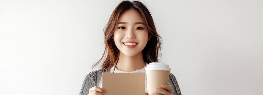Une jeune femme asiatique avec le visage souriant et des cheveux bruns, tenant un carton et une tasse de caf&eacute;, portant un tablier sur un fond blanc, image avec espace pour texte.