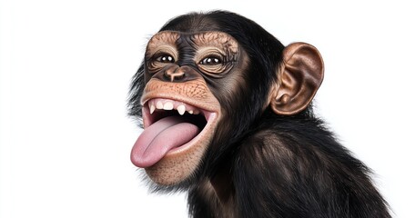 Un singe, sympathique, souriant, tirant la langue, sur fond blanc, dans un style portrait en studio, image avec espace pour texte.