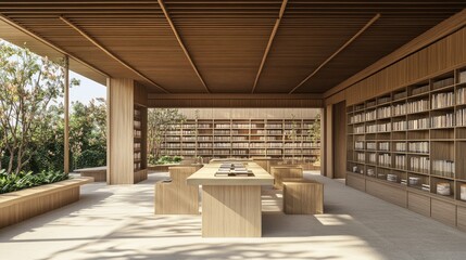 Serene Outdoor Library Design With Wooden Furniture And Bookshelves
