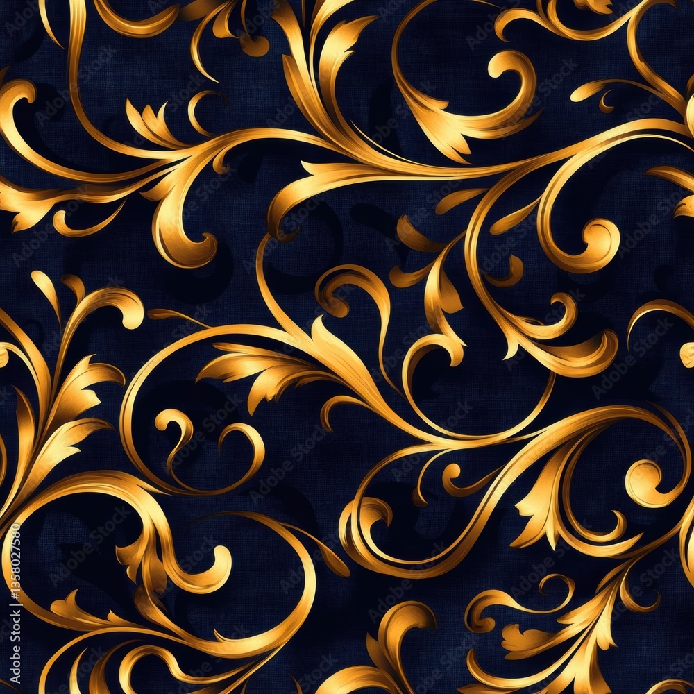 Poster Seamless luxury pattern featuring intricate golden swirls against a deep navy background with regal vintage elegance Generative AI