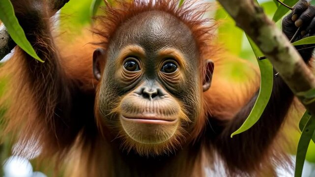 Close-up video of a curious orangutan in a tree, captured from a low angle, highlighting its expressive face and vibrant surroundings.