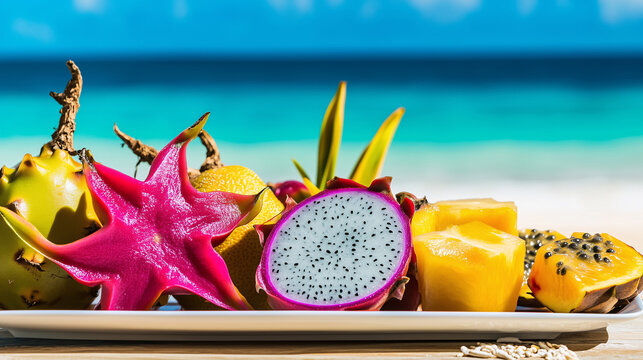 Tropical Fruits Platter Dragon Fruit Pineapple Passion Fruit Beach Background
