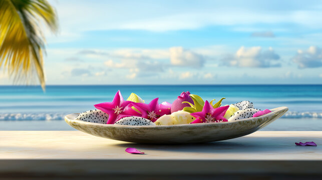 Tropical Fruit Salad in Elegant Bowl Beach Background Summer Vacation