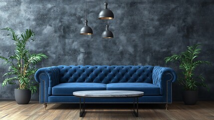 Obraz premium Modern, stylish living room with deep blue tufted sofa, marble coffee table, and plants