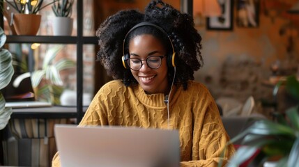 A woman wearing glasses and headphones is smiling while using a laptop