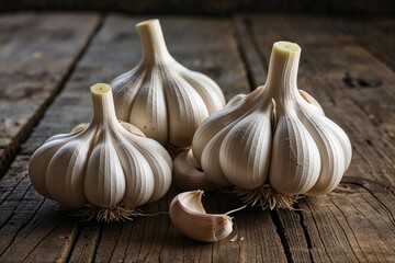 Obraz premium Three plump garlic bulbs rest on a rustic wooden surface, their papery skins hinting at robust flavor and the promise of culinary delights in warm, inviting light.