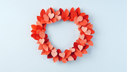 Obraz premium Heart-shaped wreath of coral and red paper hearts on light blue background