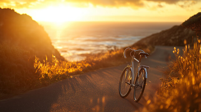 bike on the beach at sunset