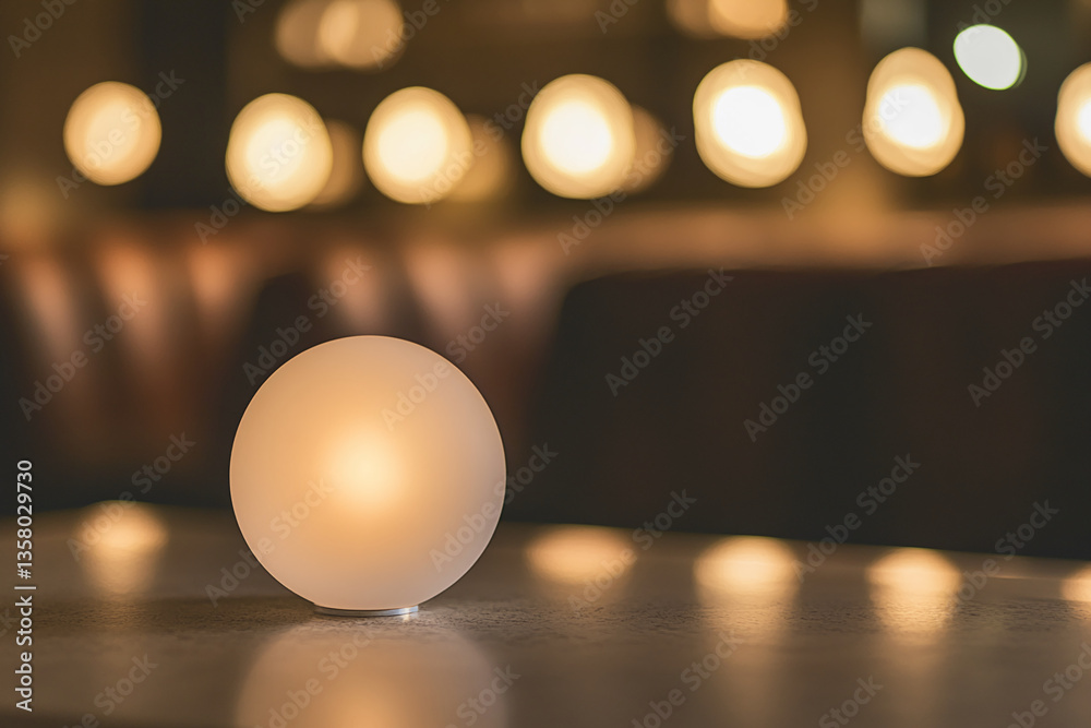 Poster Soft-glowing spherical lamp on table, blurred warm lights background, creating a calm and serene atmosphere, ideal for relaxation or minimalist concepts