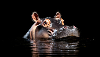 Fototapeta premium Hippopotamus head and shoulders emerging from dark water at night