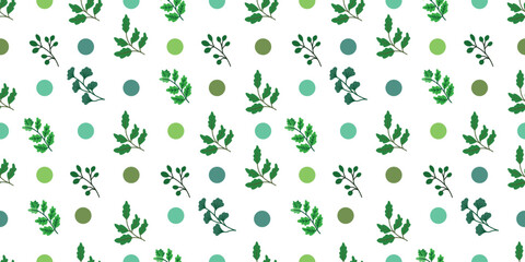 Botanical pattern with different branches and polka dot. Green twigs with leaves of various shapes and circles on  white background. Print on fabric and paper. Vector design for textile, wallpaper.