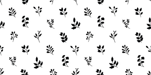 Black white seamless pattern with slhouettes of branches. Plants with leaves of different shapes. Background or texture for printing on fabric and paper. Vector design for textile, wallpaper, cover