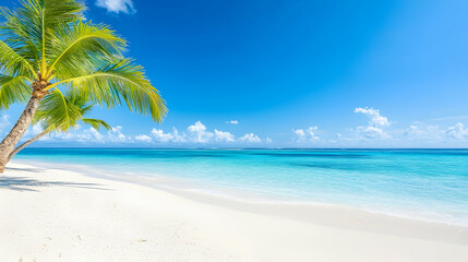 Fototapeta premium Idyllic tropical beach scene with palm trees, white sand, and turquoise water under a sunny sky
