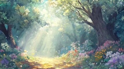 Fototapeta premium Sunlit Path Through A Magical Forest Garden