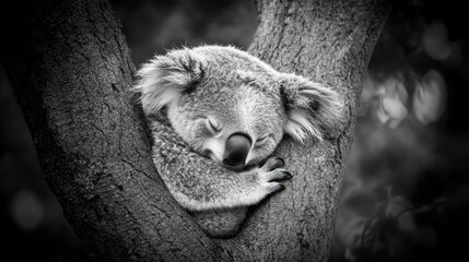 Naklejka premium Koala Sleeping Soundly In A Tree Trunk