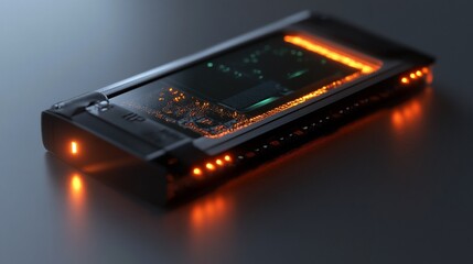 Futuristic high tech device with integrated circuitry and orange glowing elements
