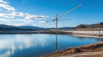 Construction Crane at Lakeside Dam Project Site