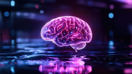 Neon brain floating in futuristic digital environment, reflecting technology and innovation