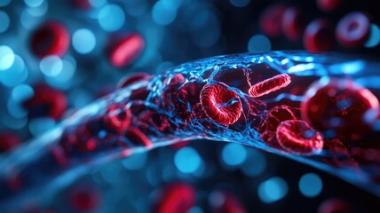 Close-up view of blood cells traveling through vessel with blue and red hues