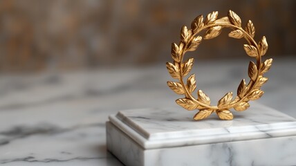 Golden laurel wreath on marble base, symbolizes victory and achievement