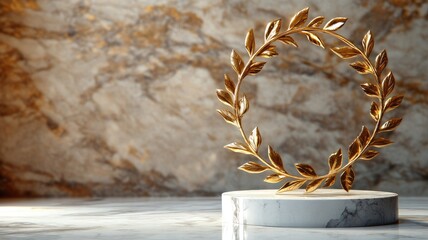 Golden laurel wreath on marble pedestal, symbolizing victory and achievement