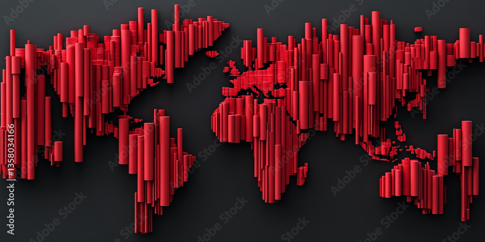 Poster Abstract world map formed by red cylinders on dark background, showcasing global connection and data visualization concept