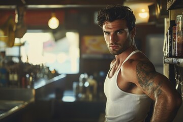 Obraz premium Attractive Latino man in white tank top looks confidently at camera inside casual bar with vintage decor and bottles on shelf
