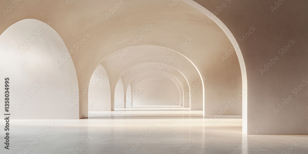 Poster beige arched hallway, minimalist architecture, creating a sense of depth and serenity, suitable for 
