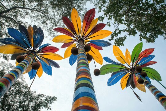 Vibrant, colorful palm trees with striped trunks and hanging spheres against a sky - Powered by Adobe