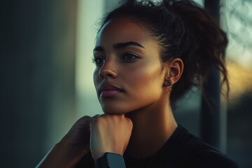 Portrait of thoughtful young Black woman with smartwatch resting chin on hands