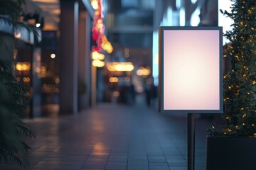 Illuminated Blank Sign Near Christmas Tree Along Urban Sidewalk at Night during Holiday Season