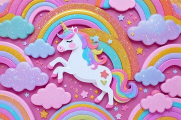 Obraz premium Vibrant Unicorn Background featuring Rainbow Patterns Glittering Textures and Pastel Holographic Design