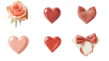 A collection of decorative hearts and a rose arranged creatively, perfect for Valentine's Day themes or romantic designs