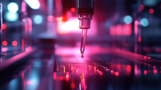 Robotic pipette dispensing liquid in a vibrant laboratory