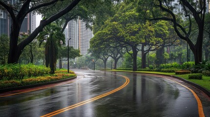 Rainy Day Road Winding Through Lush Urban Greenery