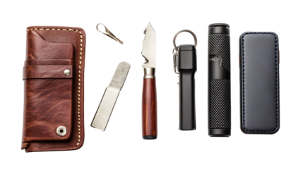 A collection of essential everyday carry items including a wallet, multi-tool, flashlight, and pen, arranged neatly on a white background